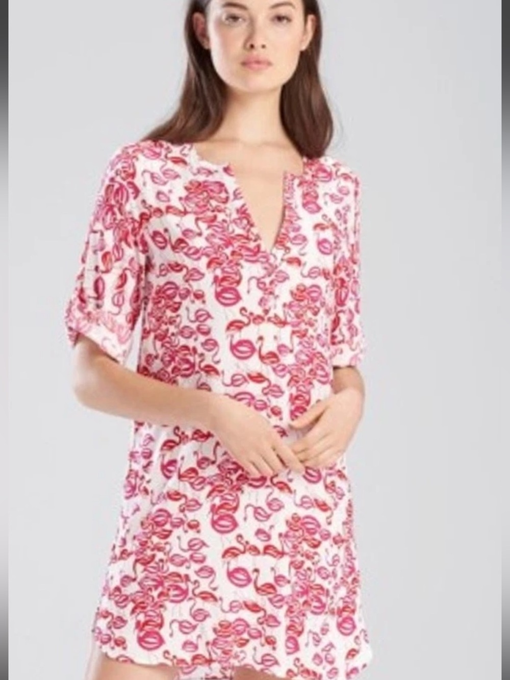 Josie Natori Flamingo Print Sleep Shirt Pajamas Large Red White Coastal Resort